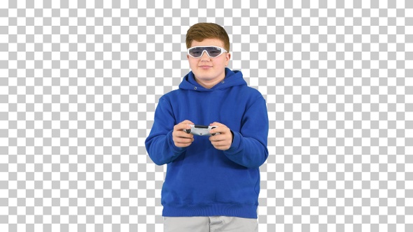 Cool modern kid playing video game in sunglasses, Alpha Channel