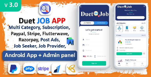 Duet JOB App | JOB Listing App | Payment Gateways | Membership Plan | Ads Integrated | Admin Panel