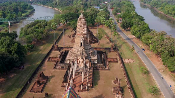 Aerial View of Wat Phra Sri Rattana Mahathat Rajaworaviharn Temple and Buddha in Si Satchanalai