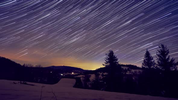 Night Sky with Stars in Winter Landscape in the Forest