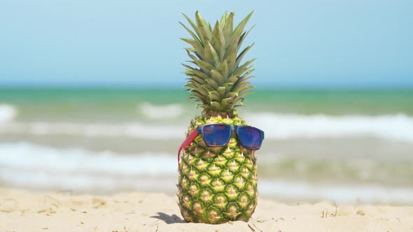 Cheerful Pineapple in the Sunglasses on Vacation on the Sea