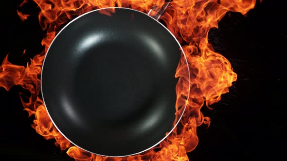 Super Slow Motion Shot of Frying Pan and Fire Blast at 1000Fps