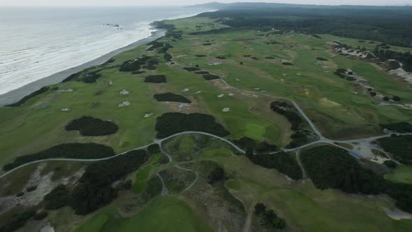 Aerial Establishing View over Bandon Dunes Golf Course on the Oregon Coast