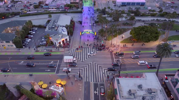 Topdown Aerial Survey of Santa Monica Pier, USA, . Walking People. Pacific Ocean View at Sunset alt