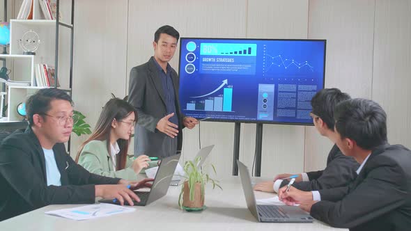 Young Asian Businessman Presentation To His Business Colleagues, Pointing At Charts On Tv Screen