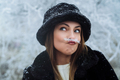 Funny woman with frozen mustache, she is happy rejoices. Winter wonderland. - PhotoDune Item for Sale