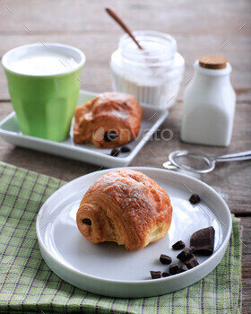 Fresh Baked Chocolate Croissants (Pain au Chocolat) with Milk for Breakfast.