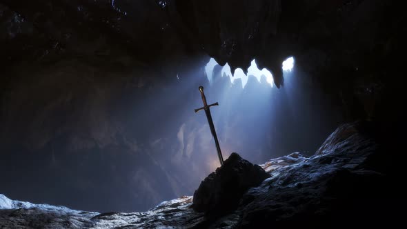 Legendary sword, Excalibur stuck in the stone in the dark cave with sunlight