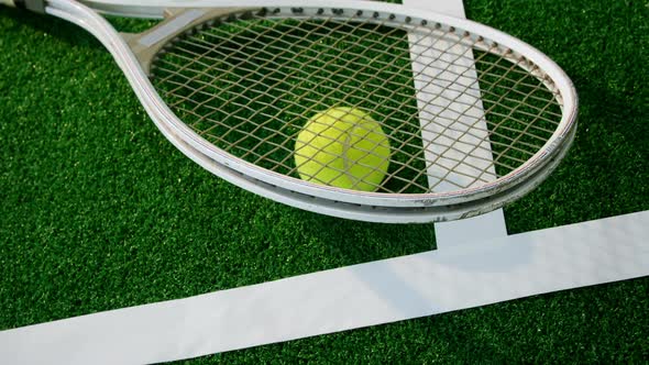 Tennis ball and racket near white line 4k