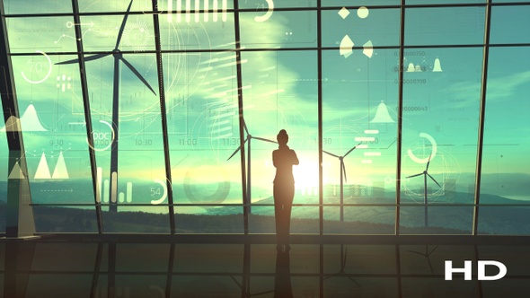 Business Woman In Her Office On The Background Of Wind Power Plants And Infographics HD