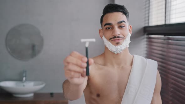 Funny Hispanic Indian Arab Naked Man 30s Bearded Guy Standing in Bathroom at Home with White Soapy