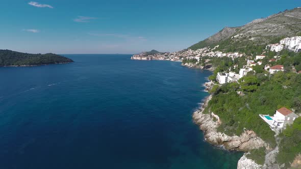 Aerial of Dubrovniks coast and Lokrum Island