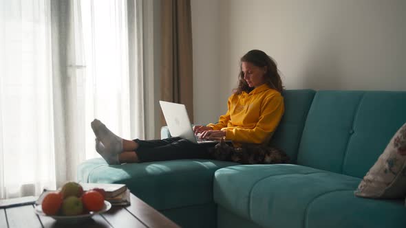 Young Woman Working the Home and Cuddling a Cat. 