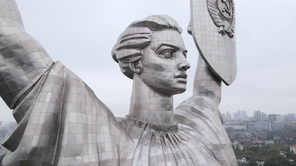 Symbol of Kyiv, Ukraine: Motherland Monument. Aerial View, Slow Motion. Kiev