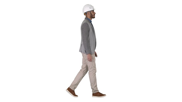 Architect in White Helmet Walking on White Background