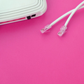 Internet router and Internet cable plugs lie on a bright pink background - PhotoDune Item for Sale