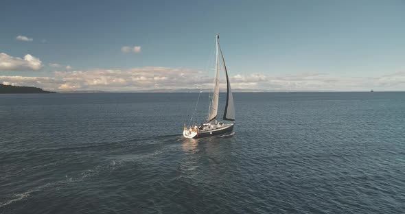 Slow Motion of Luxury Yacht Sailing at Ocean Bay Aerial
