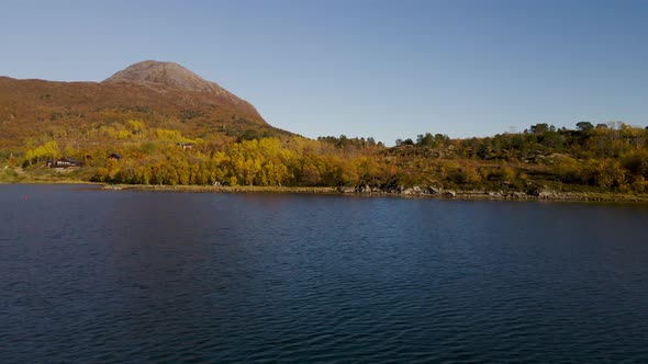 Flying over Calm Ocean Passing By Autumn Forest Trees At Senja Island, Northern Norway. POV