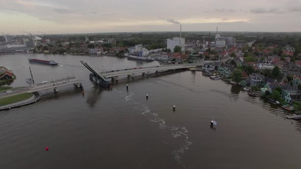 Aerial view of river with drawbridge and ship, Netherlands