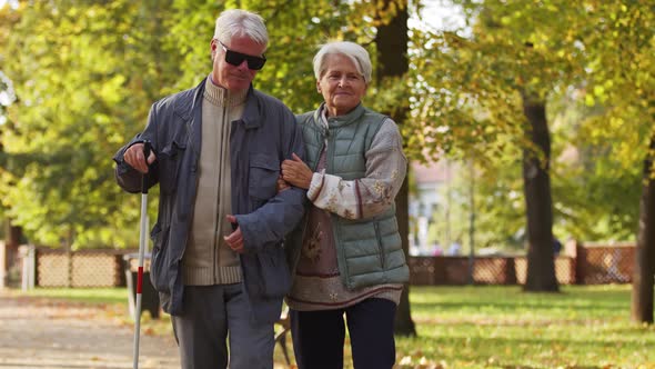 Elderly Blind Caucasian Man Rambles with His Supportive Retired Wife in the Park