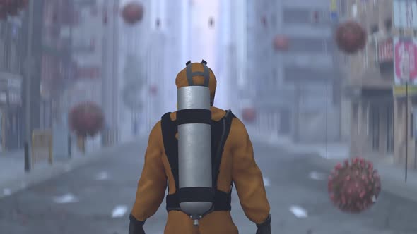 A Man in a Biohazard Suit Walks Around the City with a Flying Coronavirus alt