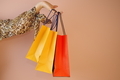 a girl holds shopping bags on a colored background - PhotoDune Item for Sale
