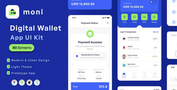 Moni - Digital Wallet Flutter App Ui Template(Figma Included)