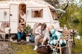 Family trailer travel. Children,brother sister,mom dad fry marshmallows on fire.Picnic in  - PhotoDune Item for Sale