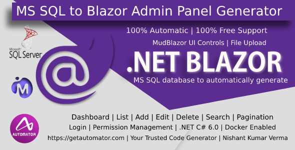MS SQL to C# Blazor Entity Framework Admin Panel Generator .Net C# | MudBlazor Razor