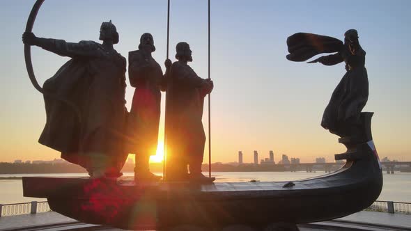 Symbol of Kyiv - a Monument To the Founders of the City in the Morning at Dawn. Ukraine. Aerial