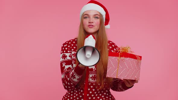 Woman Girl in Christmas Sweater with Gift Box Scream in Megaphone Announces Discounts Sale Shopping