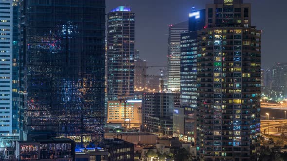 Dubai Marina at Night Timelapse Glittering Lights and Tallest Skyscrapers