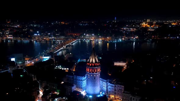 Golden Horn Galata Bridge And Galata Tower Aerial Hyperlapse At Night