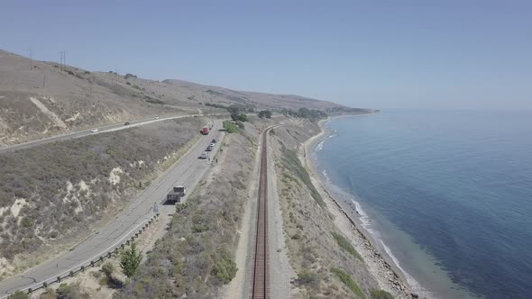 Aerial Drone Shot of Railway Next to the Ocean