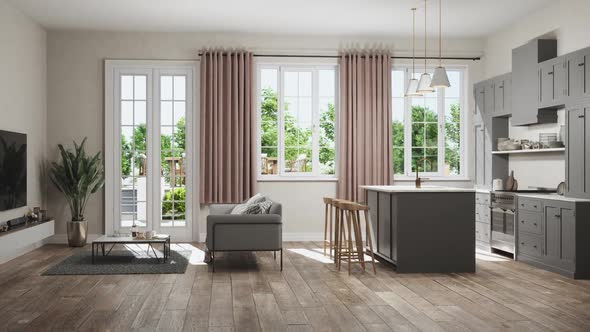 Side View Of Open Plan Kitchen With Living Room And Garden View From The Window