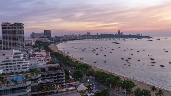 4K time lapse Aerial top view of of Pattaya beach in evening 