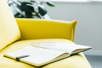 Empty textbook pages with pencil on yellow leather couch