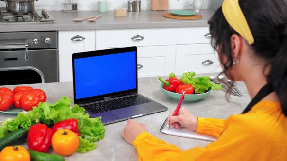 Blue Screen Laptop Woman Study Watch Online Cooking Course Listen Teacher Chef