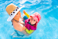 2-3 years old child with mother in swimming pool learn to swim. Summer at home concept. - PhotoDune Item for Sale