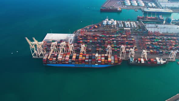 aerial drone view of modern container port. sea freight transportation industry. 4K videos.