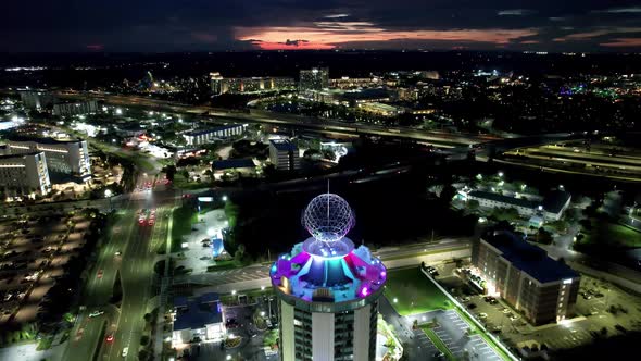 Sunset cityscape Orlando Florida United States. Tourism landmark.