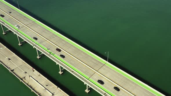 Aerial video green painted bike lanes Rickenbacker Causeway Miami