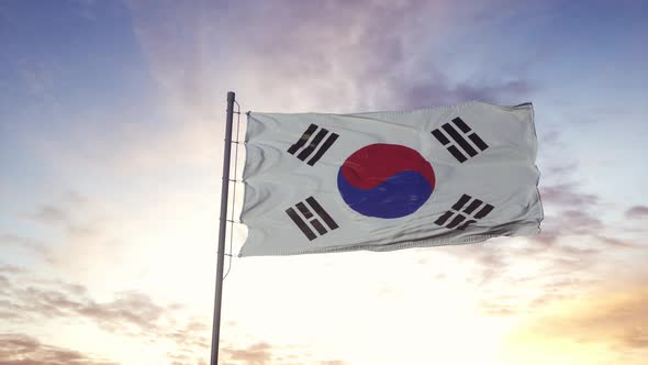 South Korea Flag Waving in the Wind Dramatic Sky Background