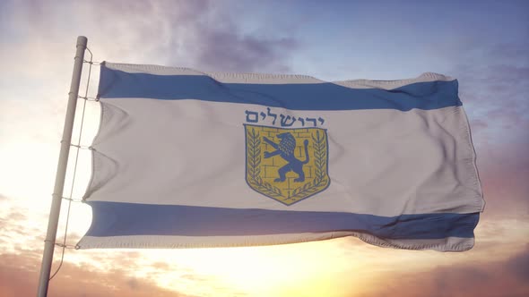 Jerusalem City Flag Waving in the Wind Sky and Sun Background