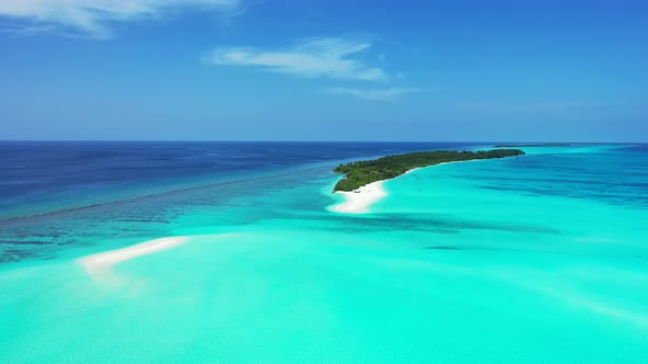 Beautiful birds eye copy space shot of a white paradise beach and blue sea background 