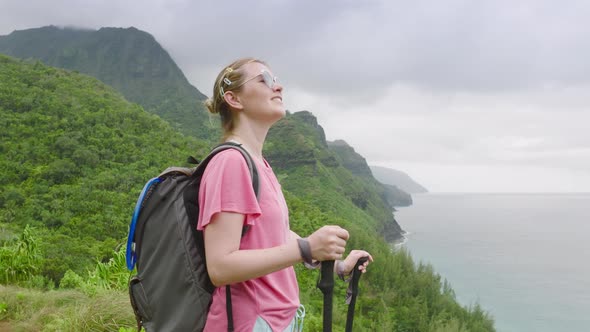 Hawaii USA Backpacker Nature Tourism Concept Woman Hiking By Green Mountain