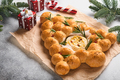 Bread buns Christmas tree with Roasted camembert cheese and rosemary on rustic background. Holiday r - PhotoDune Item for Sale