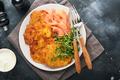Potato pancakes. Fried homemade potato pancakes or latkes with cream, green onions, microgreens, red - PhotoDune Item for Sale
