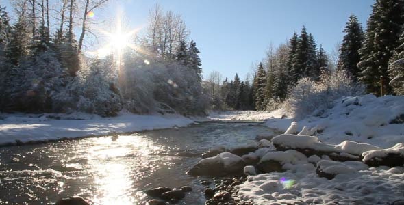 Sunny Day By The River With Snow