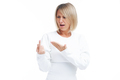 Picture of blonde woman showing middle finger isolated over white background - PhotoDune Item for Sale